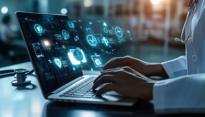 Health Insurance, telemedicine, virtual hospital, family medicine concept. Doctor using laptop computer with health care icons, medical technology background, health insurance business