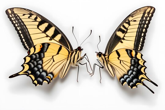 A pair of yellow swallowtail butterflies with intricate patterns on a white background, AI Generated