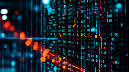 A futuristic data grid with binary code streaming across the screen
