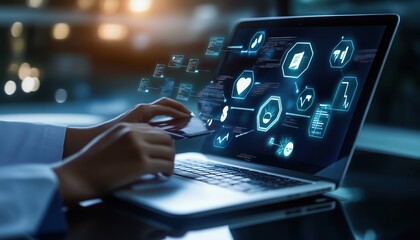 Health Insurance, telemedicine, virtual hospital, family medicine concept. Doctor using laptop computer with health care icons, medical technology background, health insurance business