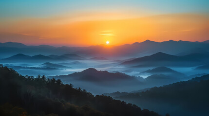 Tranquil Sunrise Over Mountains: Serene Landscape Photography