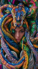 Fototapeta premium A woman is wearing a colorful scarf and a snake headdress
