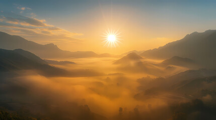 Tranquil Sunrise Over Mountains: Serene Landscape Photography