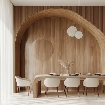 interior design of modern cafe with wood paneling arched wall