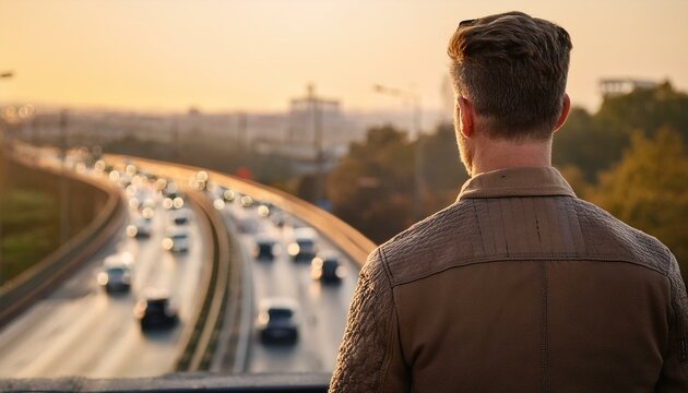 Ein junger Mann steht auf einer Autobahnbr&uuml;cke, w&auml;hrend er die unter ihm vorbeirollenden Autos anschaut. Konzept Depression und Suizidgedanken.