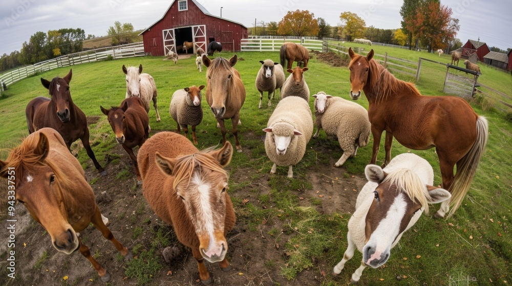 Poster a group of horses and sheep are standing in a field