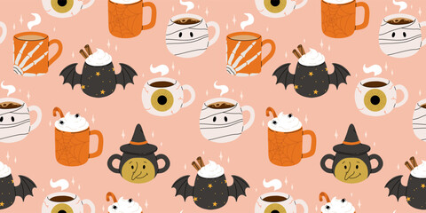 Vector collection of cute Halloween mugs. Hot cocoa, coffee and tea cups with cute faces, witch hat, black bat wings with stars and mummy, eye ball. Flat cartoon seamless pattern
