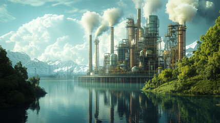 Green Industry Eco Power Factory Good ecology, ozone air, low carbon footprint. AI generation