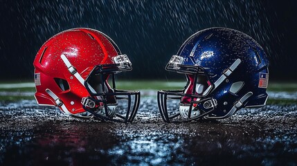 A dramatic face-off between two American football helmets in Super Bowl Stadium, Capturing the Sportsmanship and Rivalry