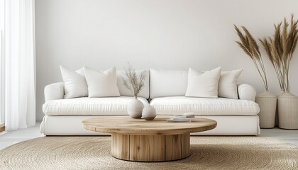 Scandinavian home interior design with round wood coffee table with white sofa