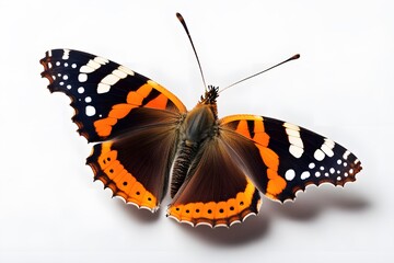 Naklejka premium A single red admiral butterfly with striking orange and black wings on a white background, AI Generated