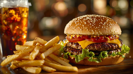 Delicious Fast Food Meal: Cheeseburger, Fries, and Soda in a Classic Restaurant Setting