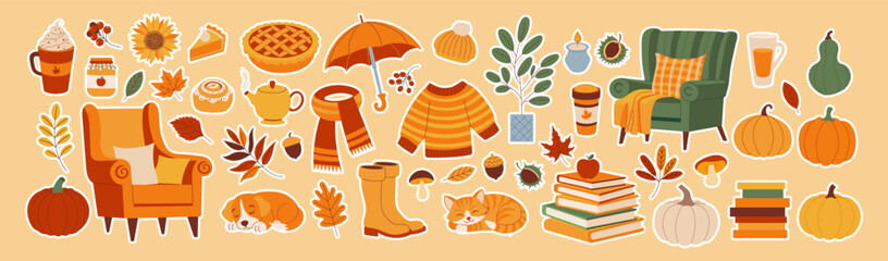 A collection of fall-themed stickers, including a chair, a book, a pumpkin, and a cat