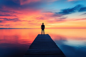 A person stands silhouetted at the end of a pier, overlooking serene waters as the vibrant colors of a sunset paint the sky, creating a moment of introspection and calmness amidst natural beauty.