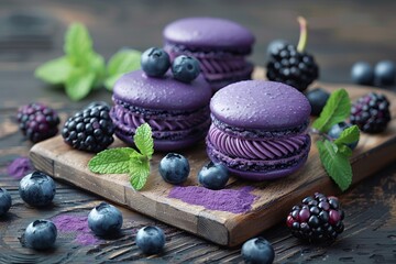 A selection of rich purple macarons surrounded by fresh blueberries and blackberries, creating a luxurious and decadent dessert scene.