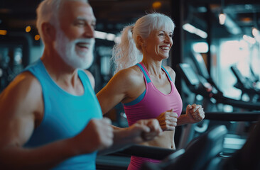 an elderly woman and man smiling while running on the treadmill in a fitness center, wearing a pink T-shirt and a blue sleeveless shirt with white hair.