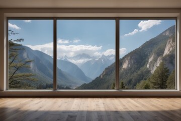 A Large Window With A View Of Mountains And A Wooden Floor