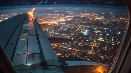 Nighttime Airplane Window View: Capturing City Lights and Starry Skies from Above