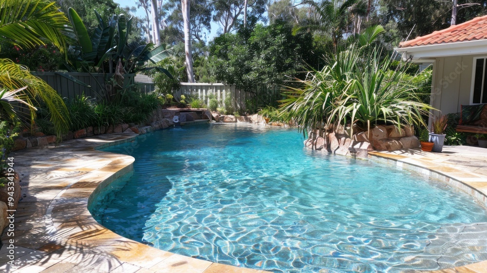 Poster A large pool with a waterfall and a fence in the background. The pool is surrounded by trees and has a stone walkway leading to it