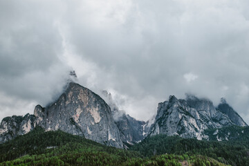 Panoramic view of Mount Sciliar on the Seiser Alm in the Dolomites in South Tyrol, Italy.