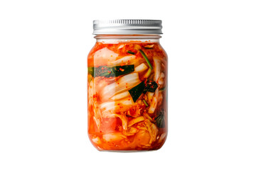 Kimchi cabbage prepared with vegetables, crisp bok choy lettuce, red chili and green onion in a glass jar