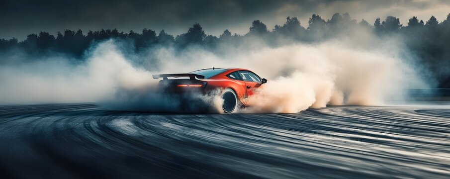 Red Sports Car Drifting on a Racetrack with Smoke