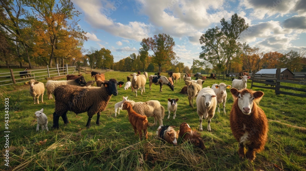 Poster A herd of sheep and cows are grazing in a field