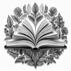 Open book doodle sticker, black & white illustration, transparent background
