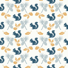 Squirrel seamless pattern silhouette style with trees and snowflakes