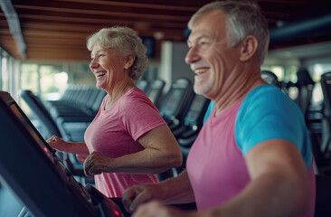 an elderly woman and man smiling while running on the treadmill in a fitness center, wearing a pink T-shirt and a blue sleeveless shirt with white hair.