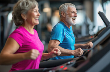 an elderly woman and man smiling while running on the treadmill in a fitness center, wearing a pink T-shirt and a blue sleeveless shirt with white hair.