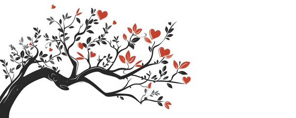 Black Tree Branch With Red Hearts and Leaves