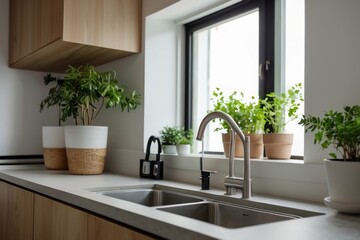 Modern Kitchen Sink with Stainless Steel Faucet and Plants