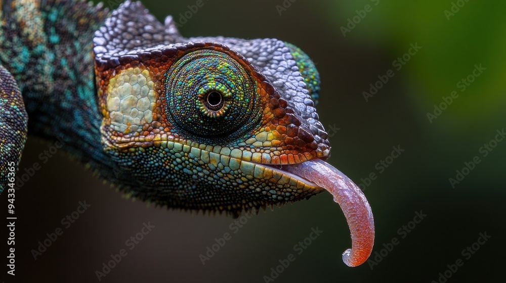 Poster Close-up of a Chameleon with Extended Tongue