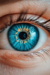 Close-up of a bright blue eye, revealing the intricate patterns of the iris and vibrant colors.