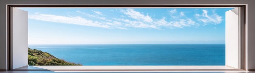 Obraz premium A seaside villa with a large, open window framing the picturesque view of the ocean and sky