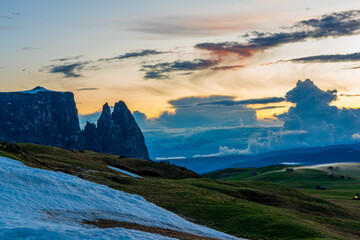 Panoramic view of Mount Sciliar from Alpe di Siusi in the Dolomites in South Tyrol, Italy.