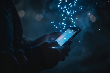 Young man using smartphone, social networking, heart icon