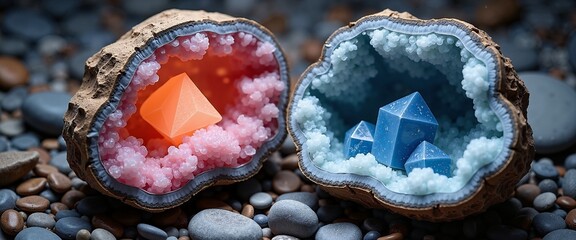 Colorful crystal geodes in vibrant contrast symbolizing mental health balance with copy space