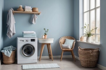 Laundry Room Interior with White Washing Machine and Wicker Accents