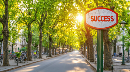 A peaceful road with a Success sign surrounded by lush trees at dawn