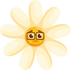 Cute daisy flower wearing glasses is smiling on white background