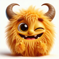 Obraz premium cheeky winking furry 3D yellow monster with horns, very soft and fuzzy, white background