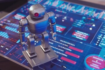 A silver robot on a futuristic interface analyzes data streams on a blue screen with charts, graphs, and numbers for complex data analysis