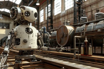 Fototapeta premium A white robot stands on a metal platform, its arms extended, in a large, industrial setting with pipes and machinery
