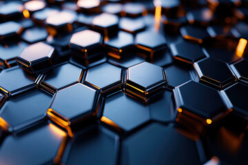 Obraz premium black and dark blue hexagonal tiles with reflective surfaces and warm orange highlights
