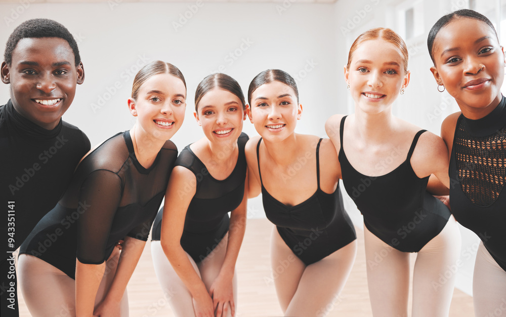 Poster Ballet, dancer and people with smile in studio for performance art, solidarity and support. Happy, friends and ballerina with diversity at academy for theater production, practice and teamwork