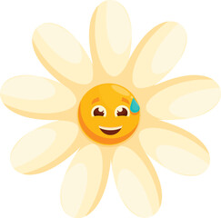 Cartoon daisy character with a happy expression sweating under the sun