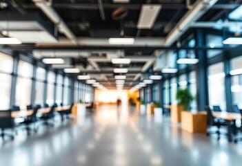 Blurred empty open space office. Abstract light bokeh at office interior background for design, ai