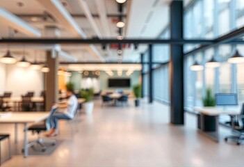 Blurred empty open space office. Abstract light bokeh at office interior background for design, ai